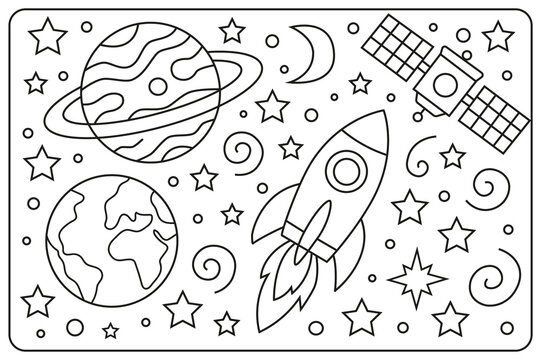 &Eacute;l&eacute;ments spatiaux, dessin au trait, illustration de style cartoon dessin&eacute;e &agrave; la main, coloriage pour enfants