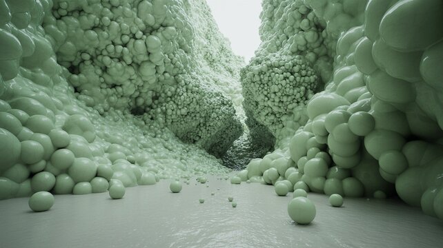Otherworldly Fractal Vacuum-Foam Canyon Where Space Bubbles at Every Scale Under Celadon Quasar Light｜セラドン色クエーサー光の下ですべてのスケールで空間が泡立つフラクタル真空泡峡谷