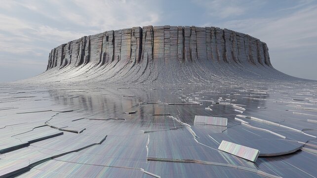 Otherworldly Temporal-Crystallography Mesa Where Frozen Time Stratifies as Iridescent Mineral Under Silver Nova｜異世界の時間結晶解析台地で凍結時間が銀新星の下に虹彩鉱物として成層する