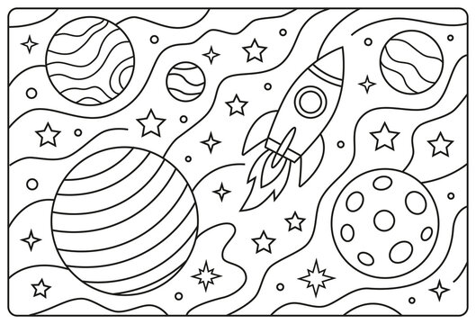&Eacute;l&eacute;ments spatiaux, dessin au trait, illustration de style cartoon dessin&eacute;e &agrave; la main, coloriage pour enfants