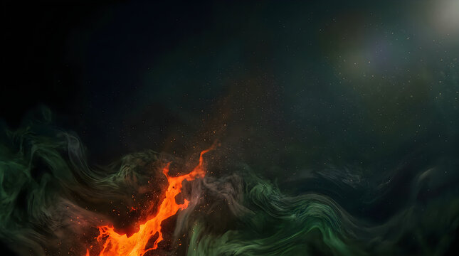 A bright campfire burning in the dark forest at night with glowing orange flames and sparks rising into the cool evening air