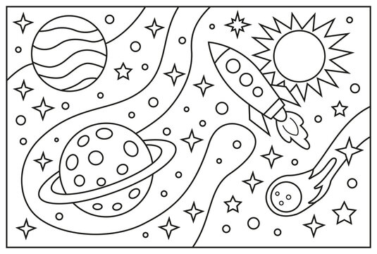&Eacute;l&eacute;ments spatiaux, dessin au trait, illustration de style cartoon dessin&eacute;e &agrave; la main, coloriage pour enfants