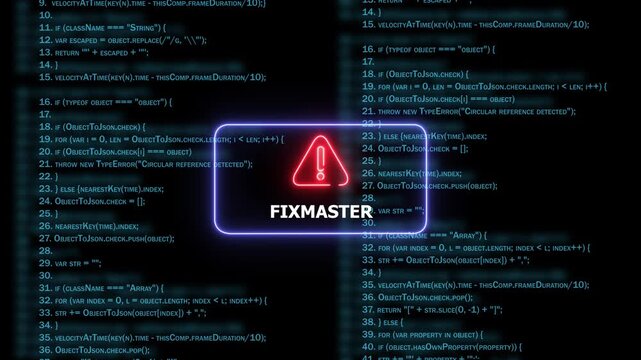 Dynamic software debugging interface featuring glowing red warning and fixmaster text overlay against a scrolling background, of complex computer, programming code for, cyber security 