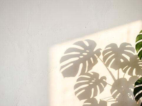 Minimalist monstera leaf shadow on white wall, tropical plant silhouette in sunlight, aesthetic botanical background for copy space