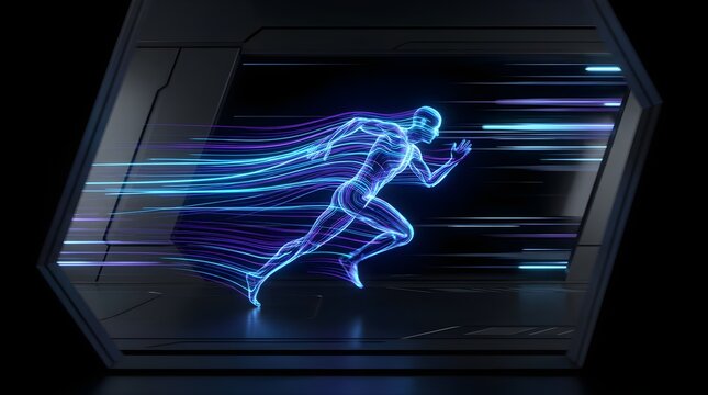 Neon digital human silhouette running fast through a dark futuristic tunnel