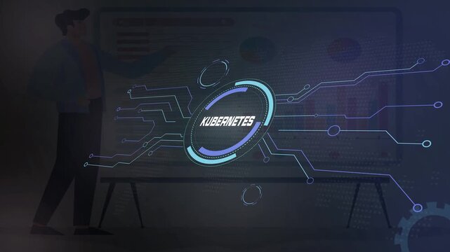 Kubernetes Container Management Displayed on a Futuristic Technology Interface with Distributed Application Data.
