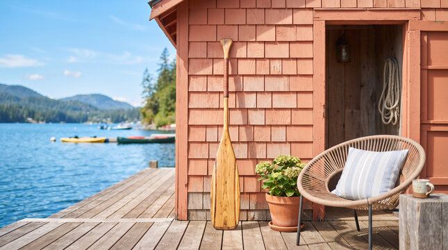 Lakeside boathouse with paddle, chair, and hydrangea by calm blue water