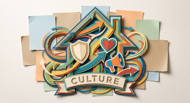 Culture emblem collage: mission, vision, purpose, and workplace identity for talent attraction.