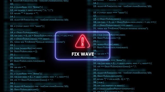 Digital cyber security warning featuring glowing neon red warning triangle and fix wave text overlaying scrolling blue computer programming code background, for advanced software, development concepts