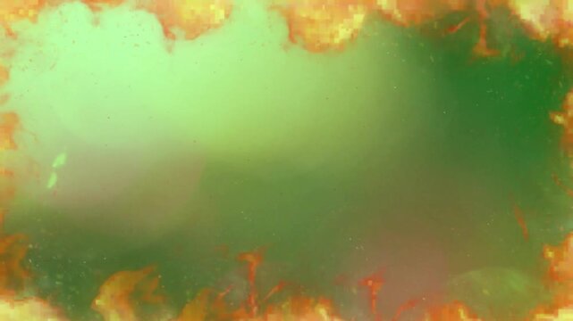 Fire border frames a vivid green central copy space creating a dramatic glowing effect for video overlays and background compositions.