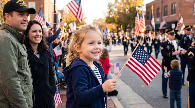 Little Girl Holding American Flag at Outdoor Veterans Day Parade.