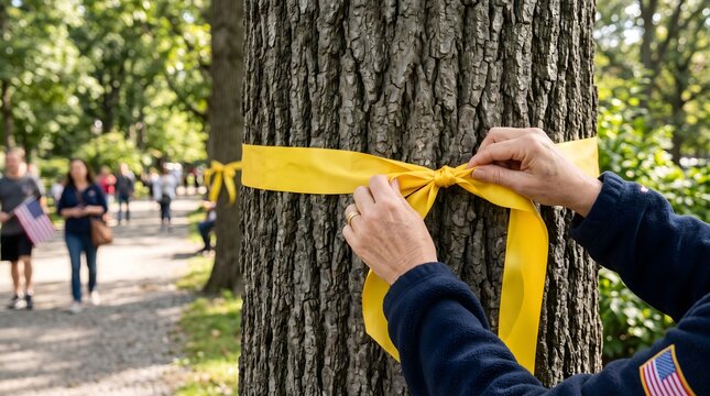 Hands Tying Yellow Ribbon Around Tree Bark for Veterans Support.