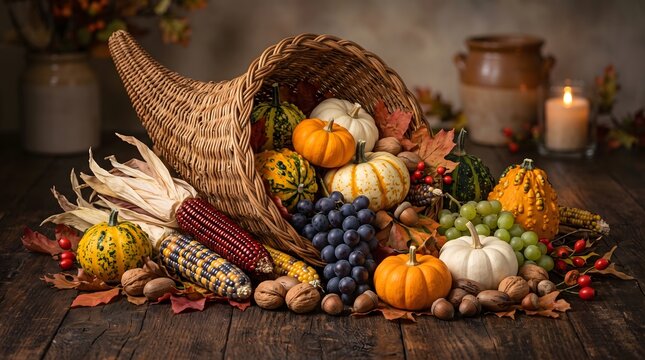 Thanksgiving Cornucopia overflowing with Pumpkins Grapes and Corn.