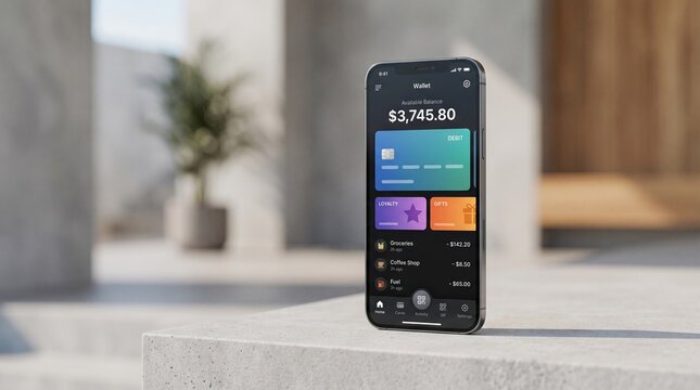 Smartphone displaying mobile wallet interface for digital payments and financial transactions.