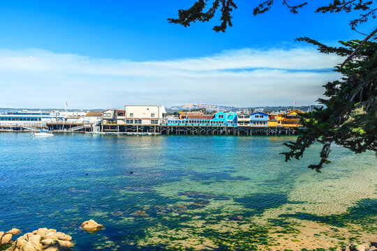 View of Monterey Bay, California with wharf and city