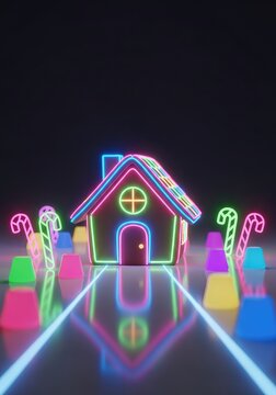 A festive neon gingerbread house with vibrant glowing outlines sits amidst neon candy canes and gumdrops along a magical luminous path, house, digital, night