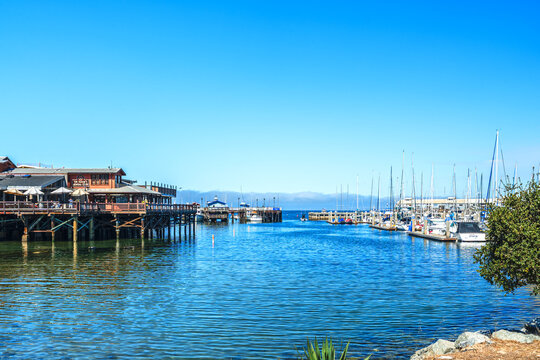 View of Monterey Bay, California with wharf and city