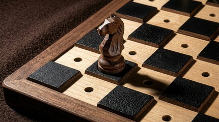 Naklejka premium Wooden chess knight piece positioned on a black square of a chessboard with a rich brown fabric background enhancing the visual contrast and texture