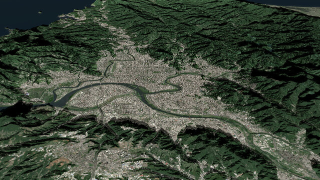 Aerial 3D illustration of Taipei, China, Taiwan Province of China. Contains modified Copernicus Sentinel data (2023). Surface/elevation: ESA/Copernicus.