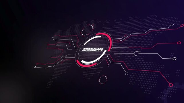 Ransomware Threat Visualization on a Futuristic Technology Interface with Encrypted Data and Security Elements.