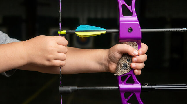 Child's hand gripping a purple adaptive bow with an arrow nocked, preparing for archery practice in an indoor adaptive archery range setting