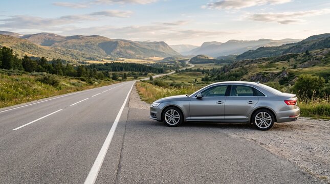 Modern silver sedan parked on the shoulder of a scenic mountain road during sunset.