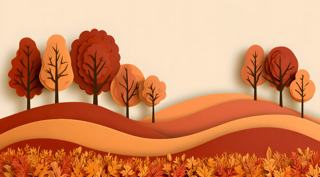 A template for fall paper art with a seasonal illustration, featuring text on trees and hills, an autumn landscape including paper trees and leaves, perfect for an outdoor seasonal wallpaper