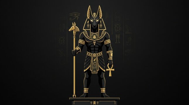 Illustration of Anubis, the ancient Egyptian god of the afterlife, depicted with a jackal head, holding a staff and an ankh symbol on a dark background with hieroglyphs.