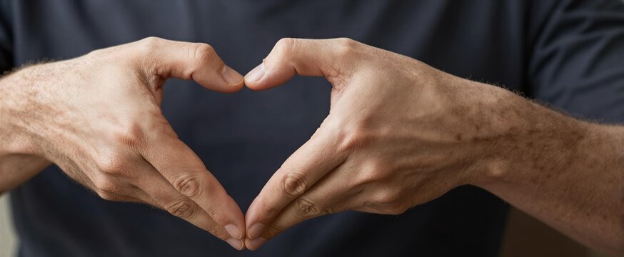 Captures Close Of Adult Males Hands Against Dark Background Provides Contrast Highlighting Subject Matter Person Making Heart Shape