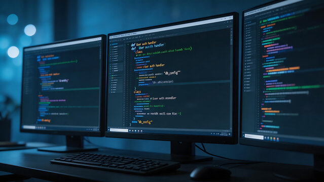 Three computer monitors displaying code