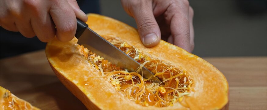 Captures Close Of Adults Hands As In Process Carving Scooping Flesh From Half Large Ripe Pumpkin Person Using Serrated Knife With Black