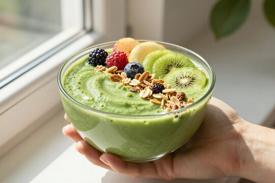 Hand Holding Glass Bowl Filled With Vibrant Green Smoothie Blended Food Item Contents Of Garnished Assortment Fruits Including Sliced