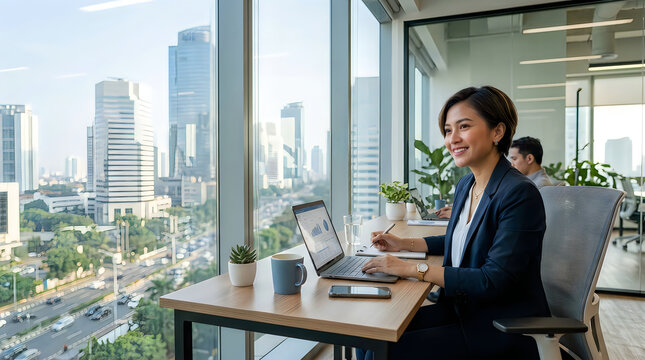 Professional woman working at modern desk with city view