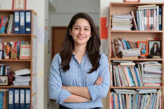 Smiling young woman with folded arms standing between bookshelf filled with various books