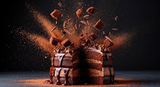 A rich double chocolate layer cake explodes outward, sending fine cocoa powder and moist crumbs flying through the air on a dark backdrop, brown, dark, confection