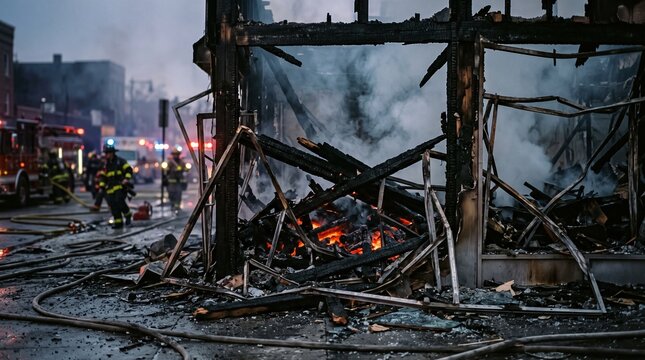 Firefighters battle a devastating building fire, with smoke billowing from the charred remains of the structure.