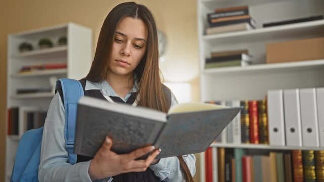 Young woman student holding and reading an open book with backpack on shoulder in a school library building; concentration study.