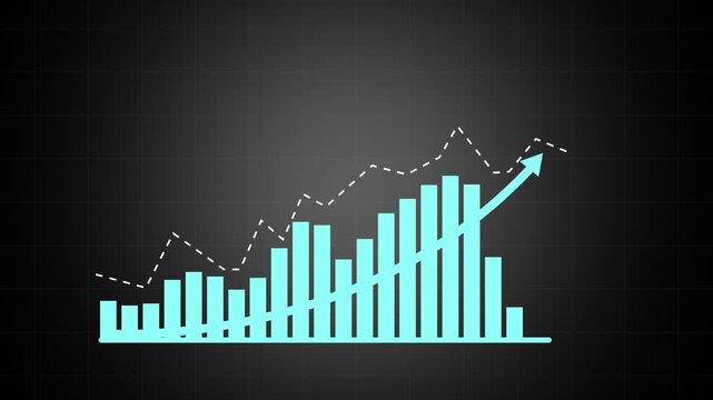 Dynamic financial growth bar chart animation featuring rising blue statistical columns and upward trending line graphs on a dark grid background, for corporate business, presentations and market