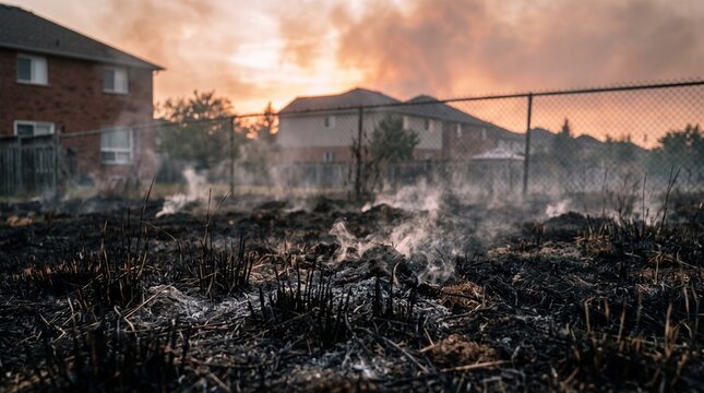 Aftermath of a Devastating Wildfire in a Residential Area with Smoke and Charred Ground.