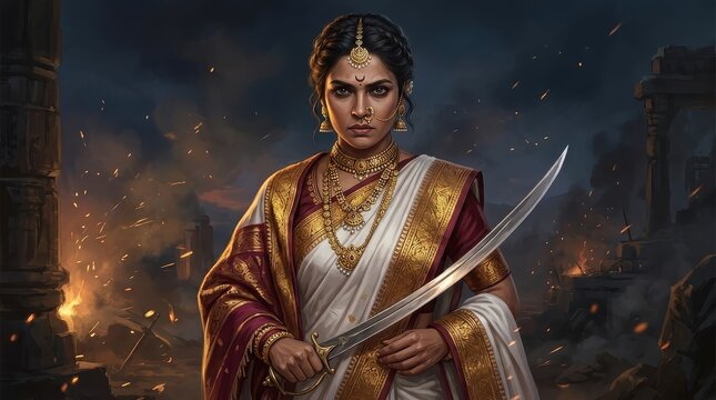 Fierce Indian Woman Warrior in Traditional Saree Holding a Sword Amidst a Burning Battlefield Scene