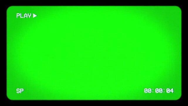 Camcorder screen overlay display features play status and timecode over a green screen chroma key background.