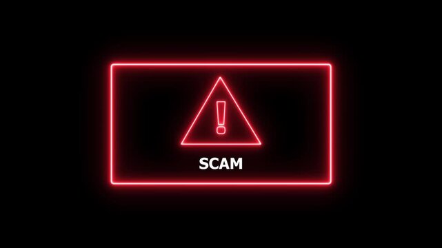 Glowing red neon warning sign with flashing scam alert text and triangle exclamation for cybersecurity awareness, digital fraud prevention, online safety, and internet security concept presentation