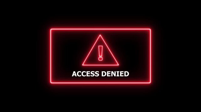 Neon red glowing access denied warning sign with flashing exclamation point triangle symbol on a dark background, for cybersecurity, digital, security, system error, data breach, and network