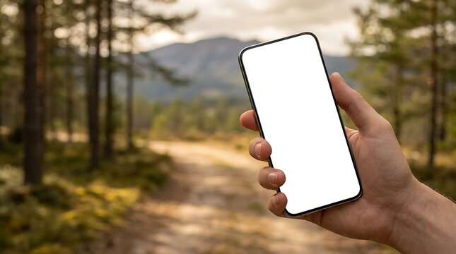 Hand holding phone blank white screen mockup forest mountain dirt path