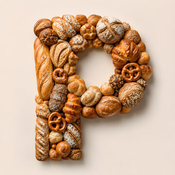 Creative letter P composed of assorted artisan breads, pastries, pretzels, and baked goods arranged on a light background.