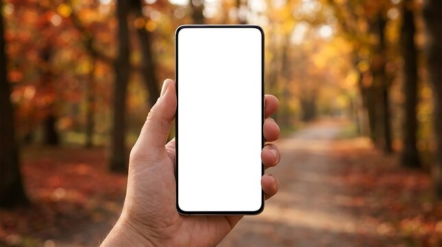 Hand holding phone blank white screen mockup autumn forest path