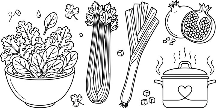 Healthy soup cooking vector illustration element set featuring salad bowl celery stalk leek pomegranate and steaming hot pot