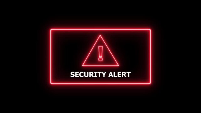 Glowing red neon security alert sign with warning triangle symbol and text animation for cybersecurity, digital protection, data breach notification, system error, and online privacy concept