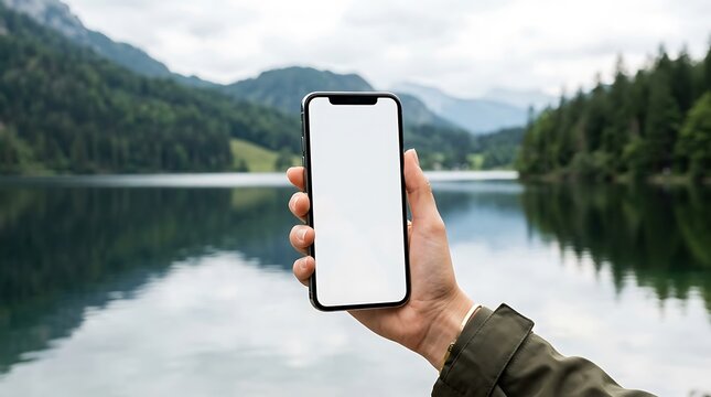 Hand holding phone blank white screen mockup mountain lake nature