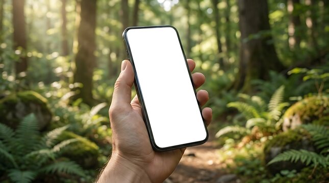 Hand holding phone blank white screen mockup forest nature trail